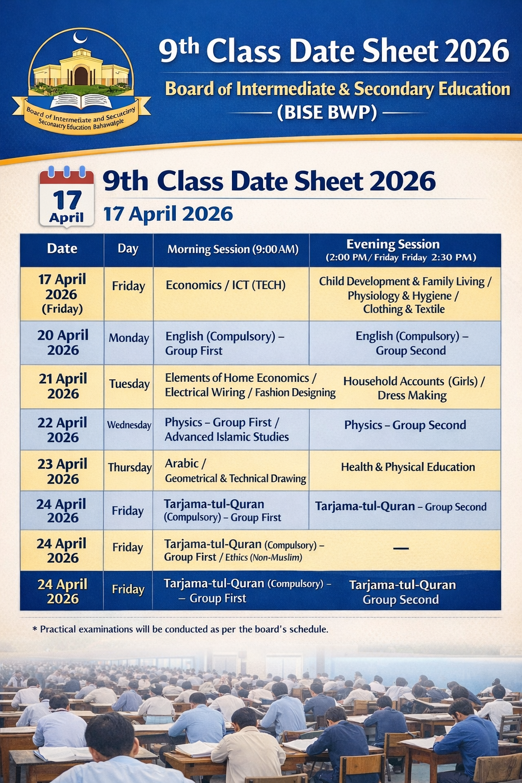 9th Class Date Sheet 2026 Bahawalpur Board